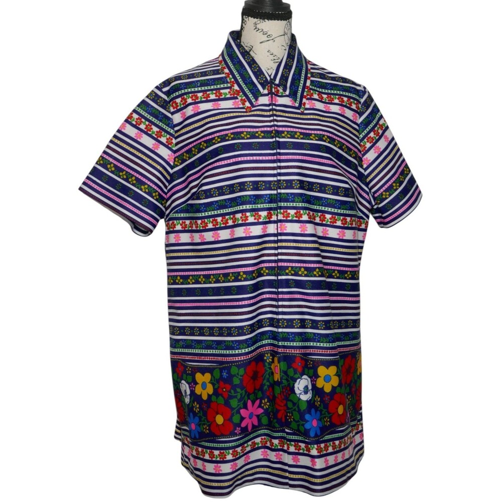 Caldwell Casuals ILGWU Vintage 1960s 70s Multi Colored Floral Striped Shirt